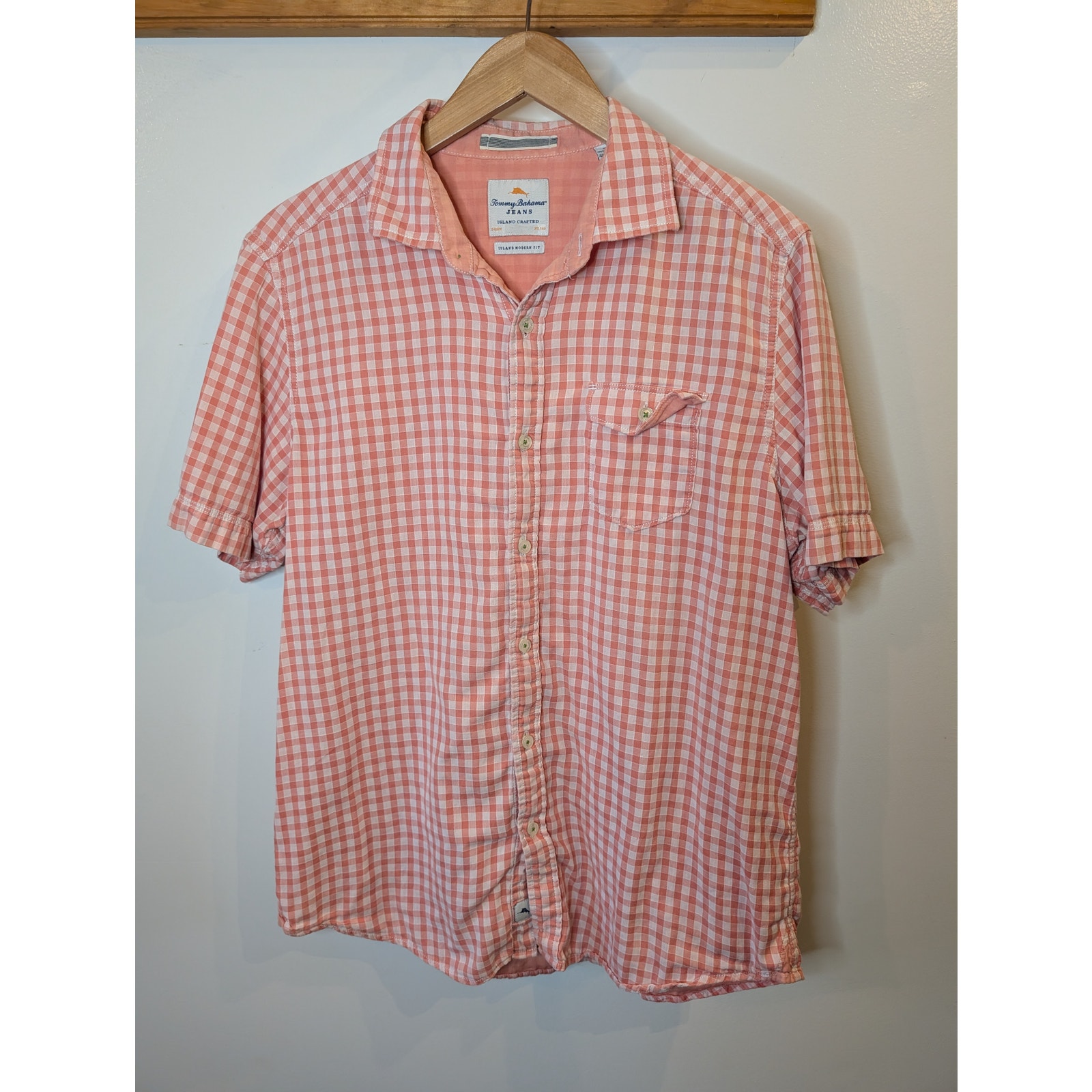 Tommy Bahama Gingham Button Up Shirt Coral Pink Island Modern Fit Medium Resort